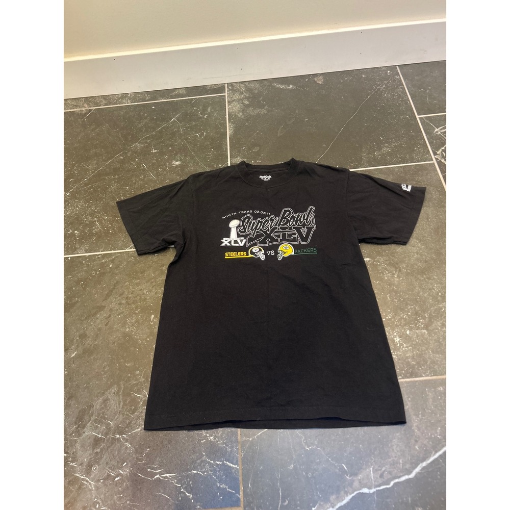 Reebok Super Bowl XLV Steelers vs Packers T-Shirt Mens Large Black NFL Graphic